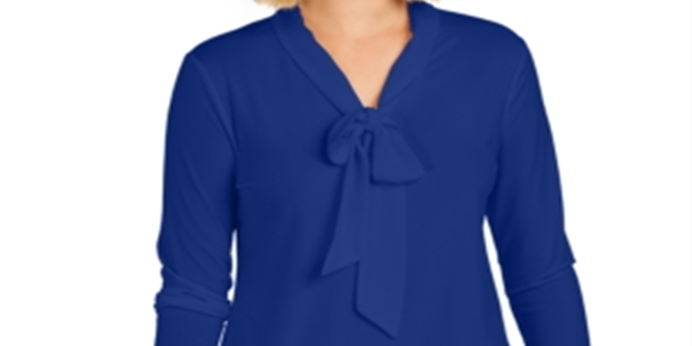 Charter Club Women's Tie Neck Crepe Top Blue Size Petite Small