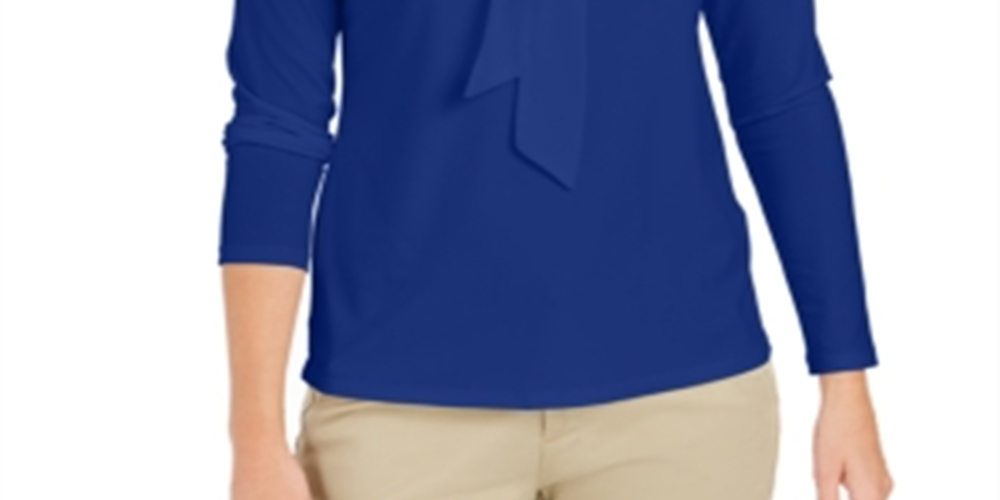 Charter Club Women's Tie Neck Crepe Top Blue Size Petite Small