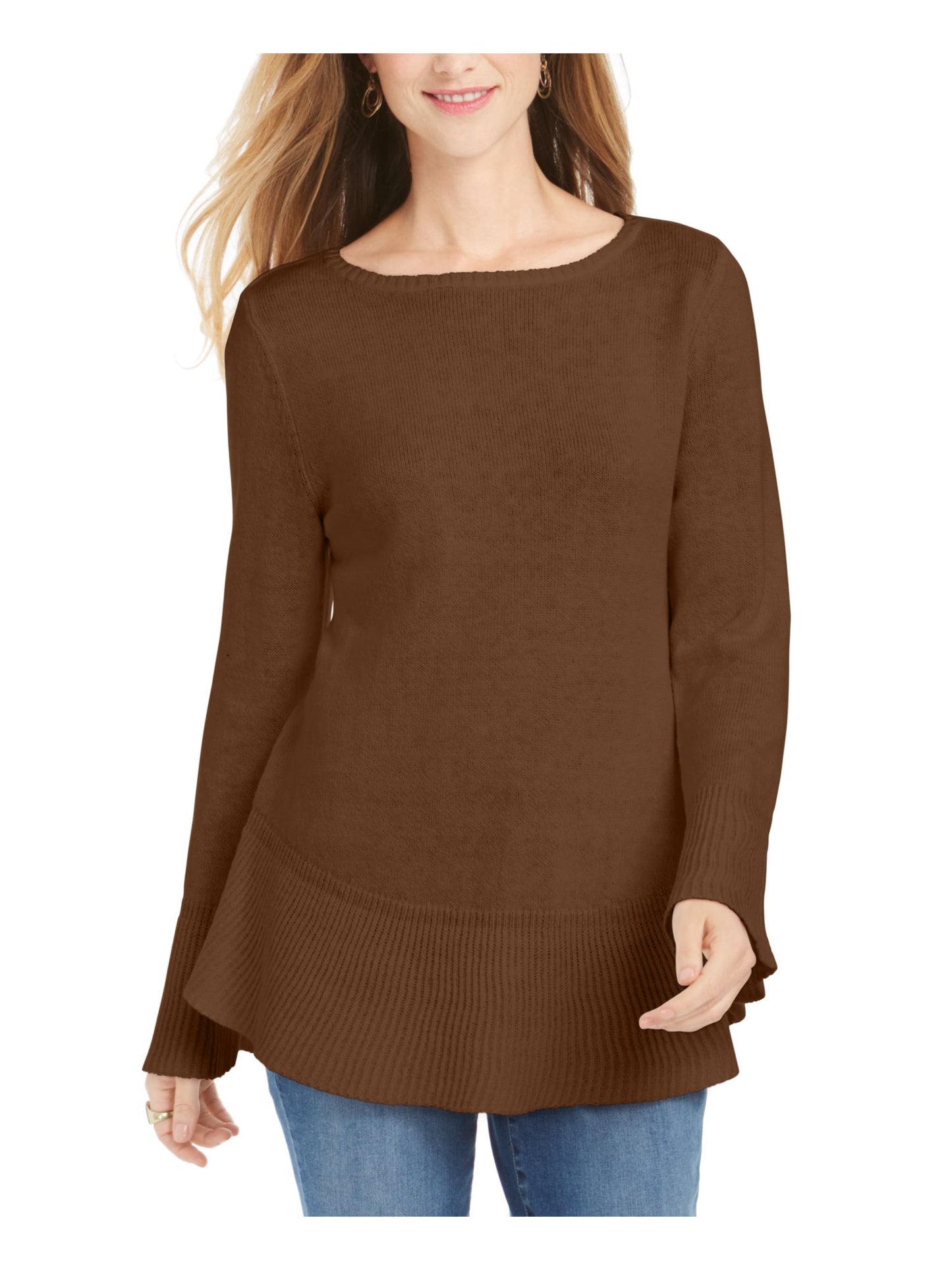 Style & Co Women's Ribbed Patterned Long Sleeve Jewel Neck Blouse Sweater Brown Size Petite Large
