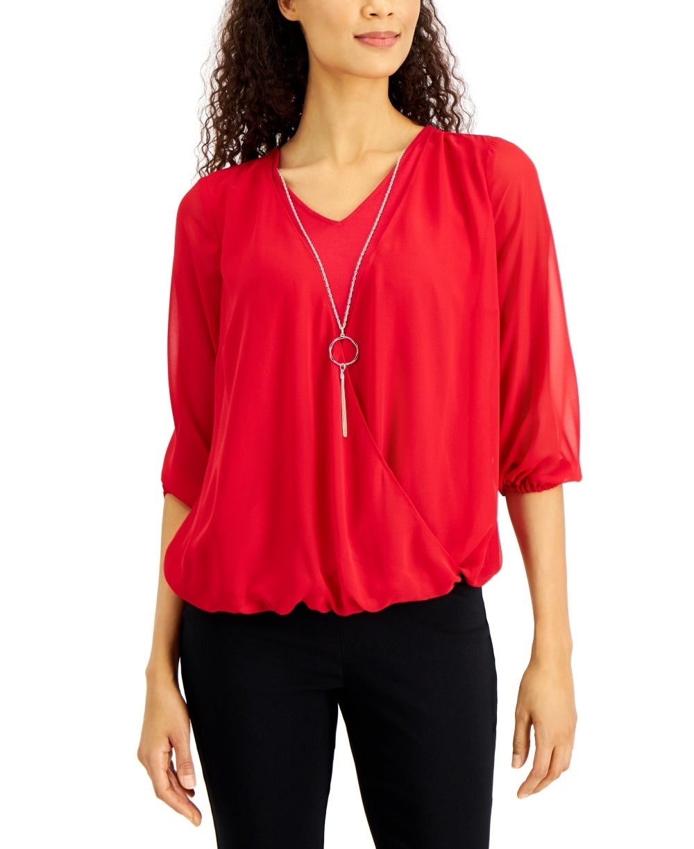 JM Collection Women's Three-Quarter-Sleeve Necklace Top Red Size XX-Large