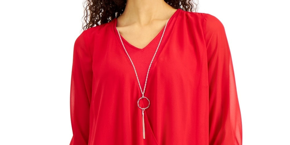 JM Collection Women's Three-Quarter-Sleeve Necklace Top Red Size XX-Large