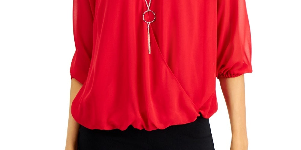 JM Collection Women's Three-Quarter-Sleeve Necklace Top Red Size XX-Large