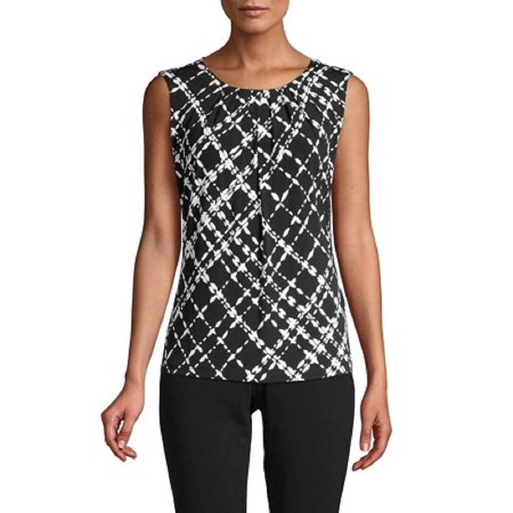 Calvin Klein Women's Printed Pleated-Neck Blouse Gray Size Small