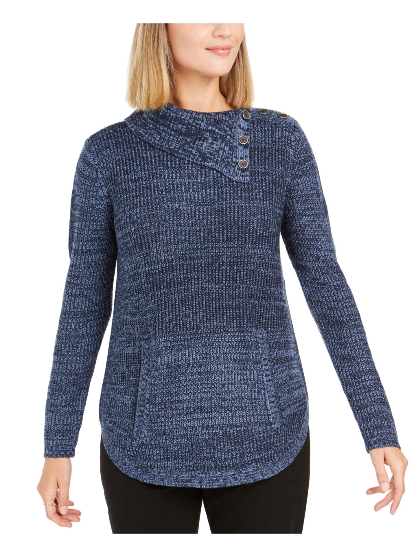 Style & Co Women's Curved Hem Long Sleeve Turtle Neck Sweater Blue Size Petite Medium