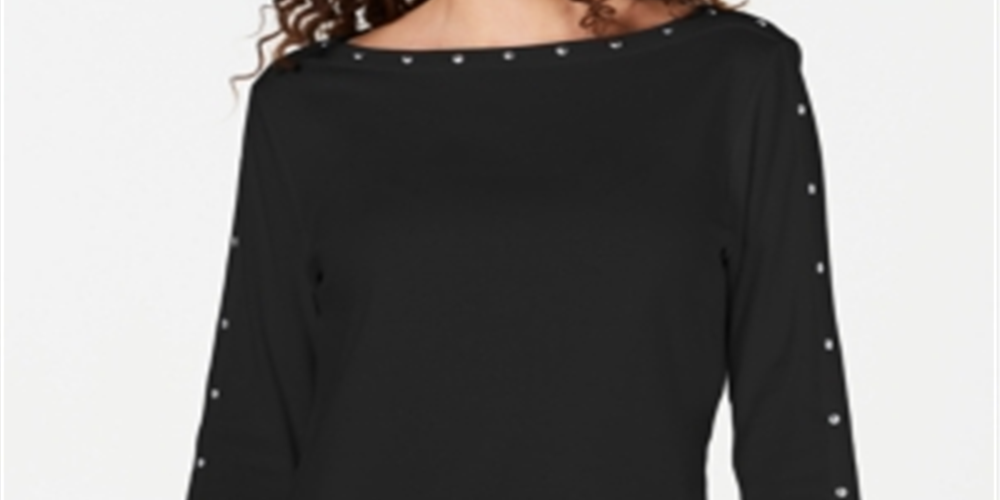 Karen Scott Women's Studded Boat Neck Cotton Top Black Size Petite S