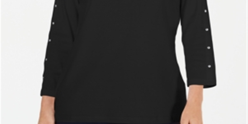 Karen Scott Women's Studded Boat Neck Cotton Top Black Size Petite S