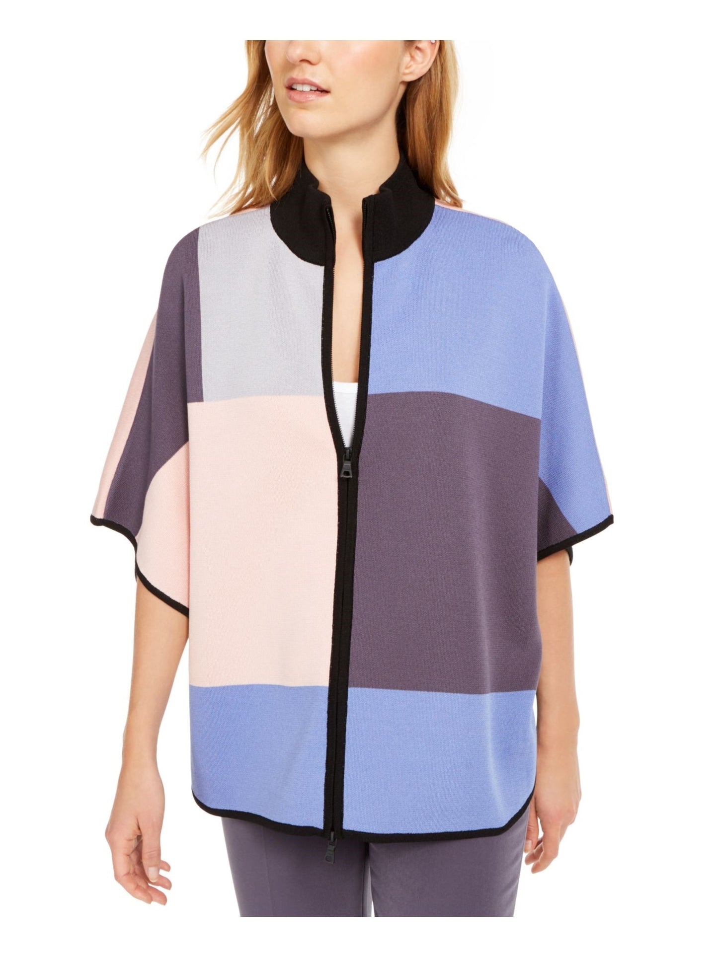 Anne Klein Women's Gray Color Block Kimono Sleeve Jewel Neck Top Charcoal Size Large