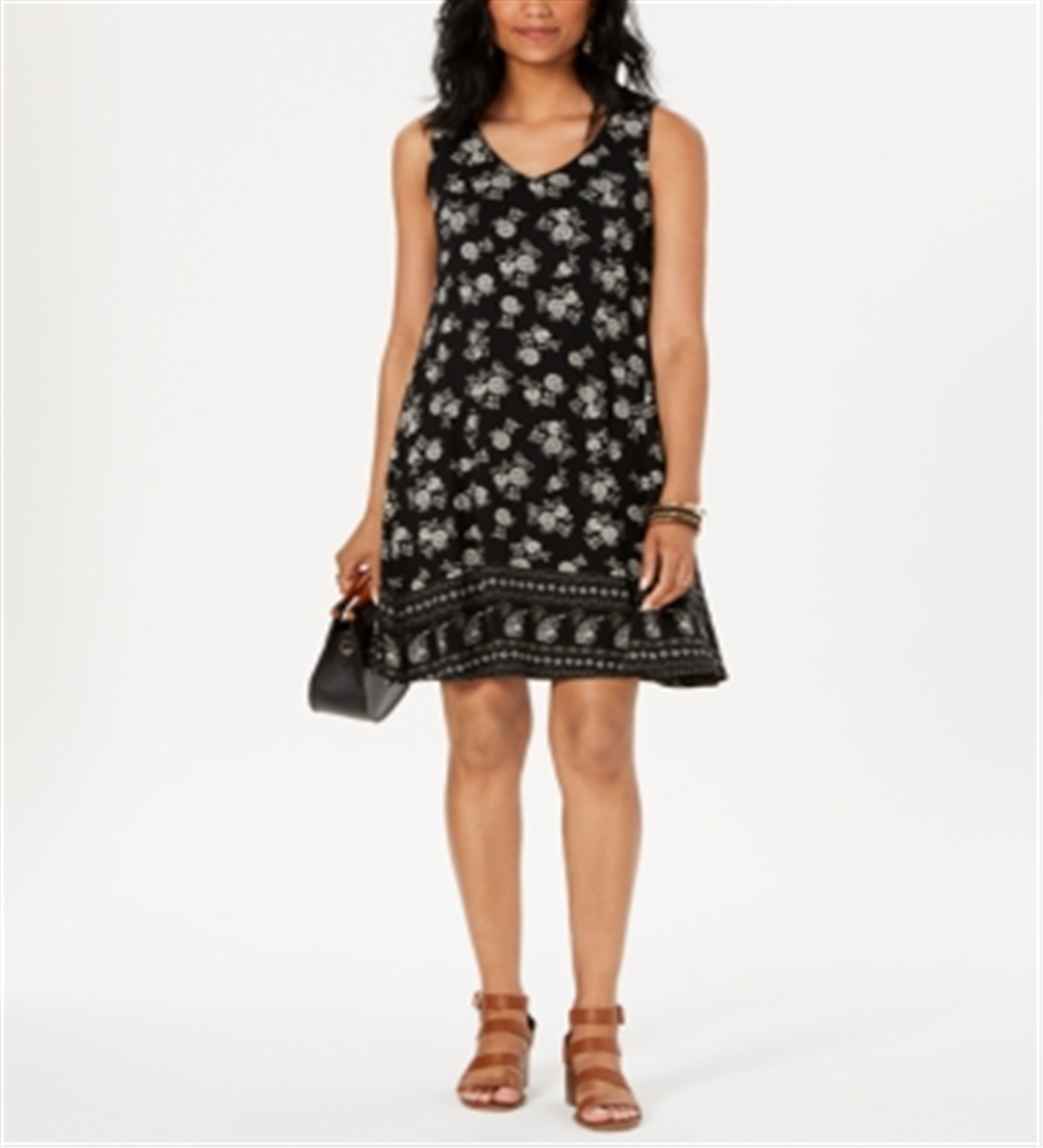 Style & Co Women's Floral Print Sleeveless Swing Dress Black Size Petite L