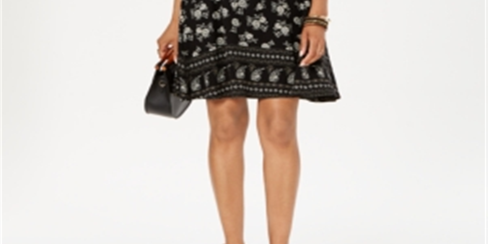 Style & Co Women's Floral Print Sleeveless Swing Dress Black Size Petite L