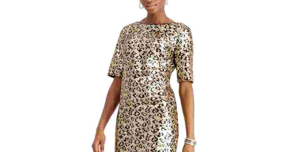 Betsey Johnson Women's Leopard Sequin Sheath Dress Yellow Size 12