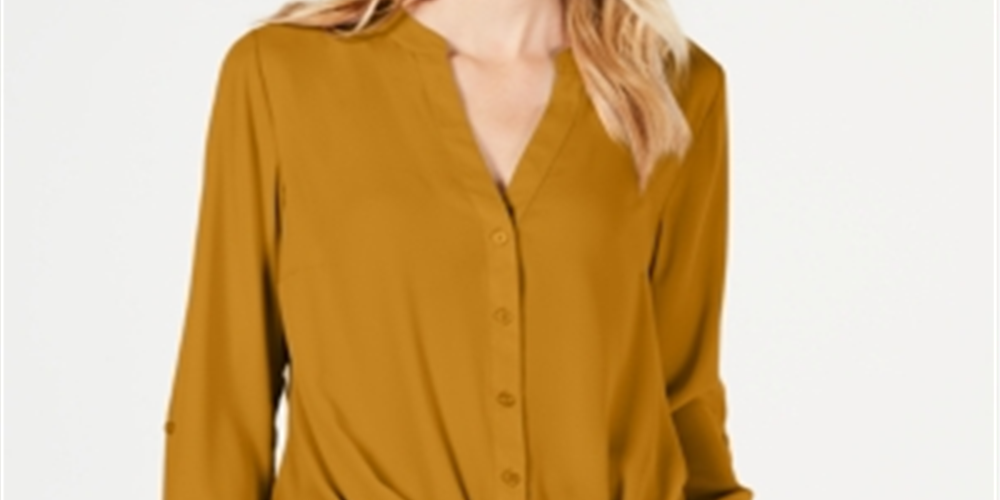 INC International Concepts Women's Twist Front Button up Top India Gold Size Petite L