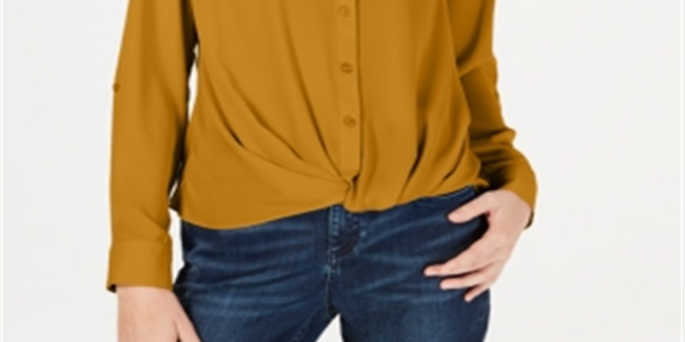 INC International Concepts Women's Twist Front Button up Top India Gold Size Petite L