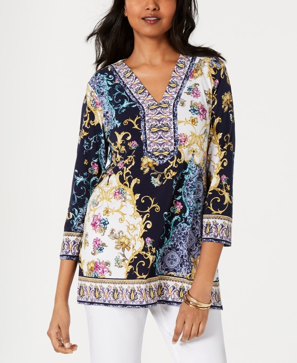 JM Collection Women's Printed Embellished Tunic Blue Size Petite Small
