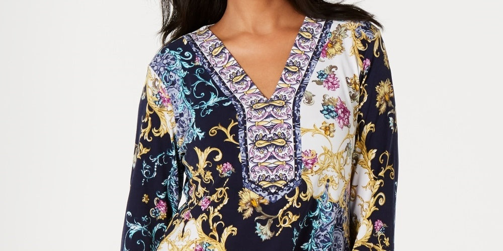 JM Collection Women's Printed Embellished Tunic Blue Size Petite Small