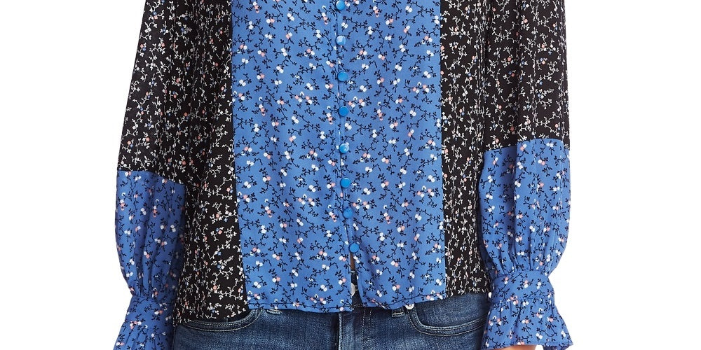CeCe Women's Budding Floral Colorblock Long Sleeve Top Blue Size Large
