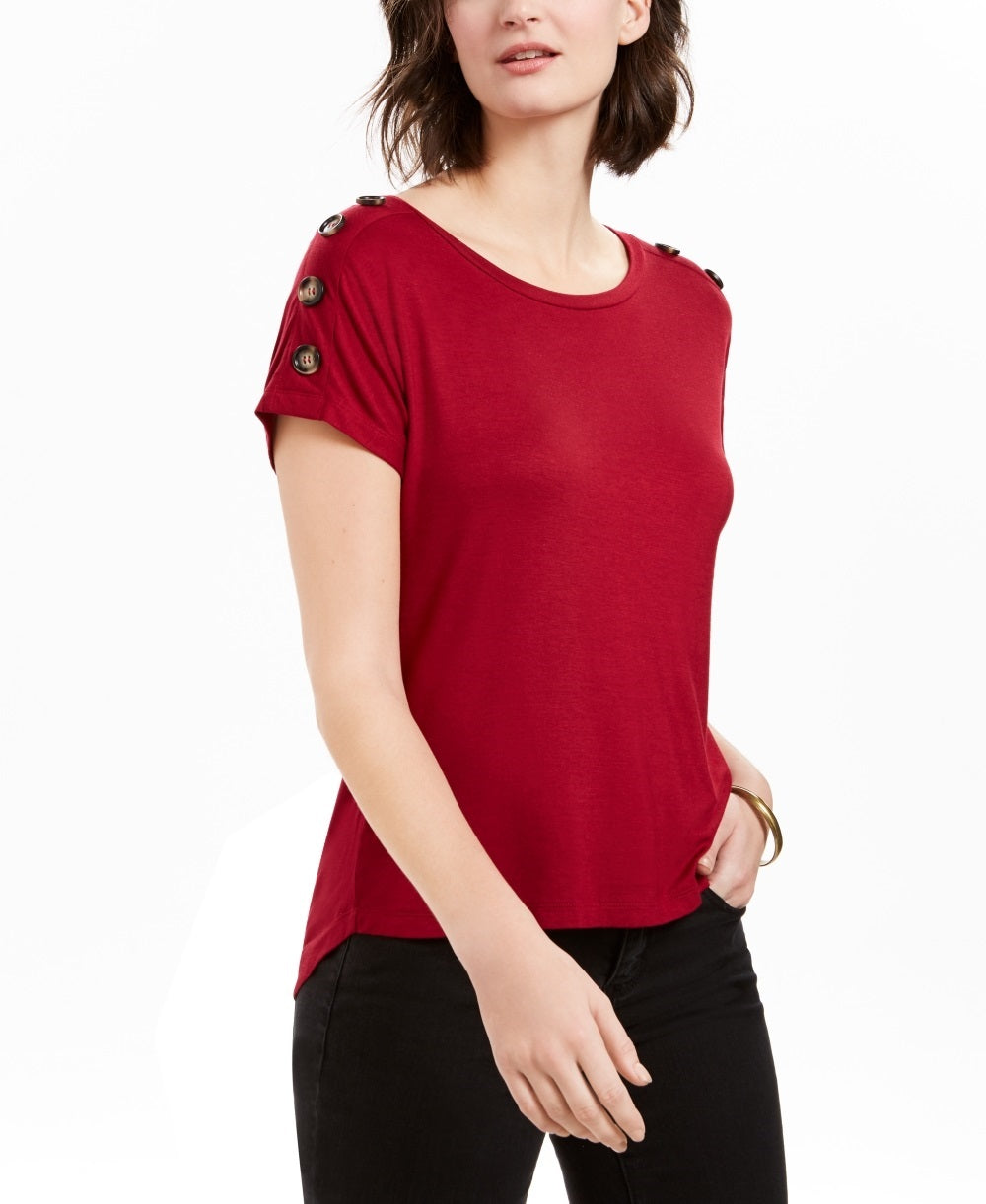 NY Collection Women's Button Sleeve Top Red Size Petite Small