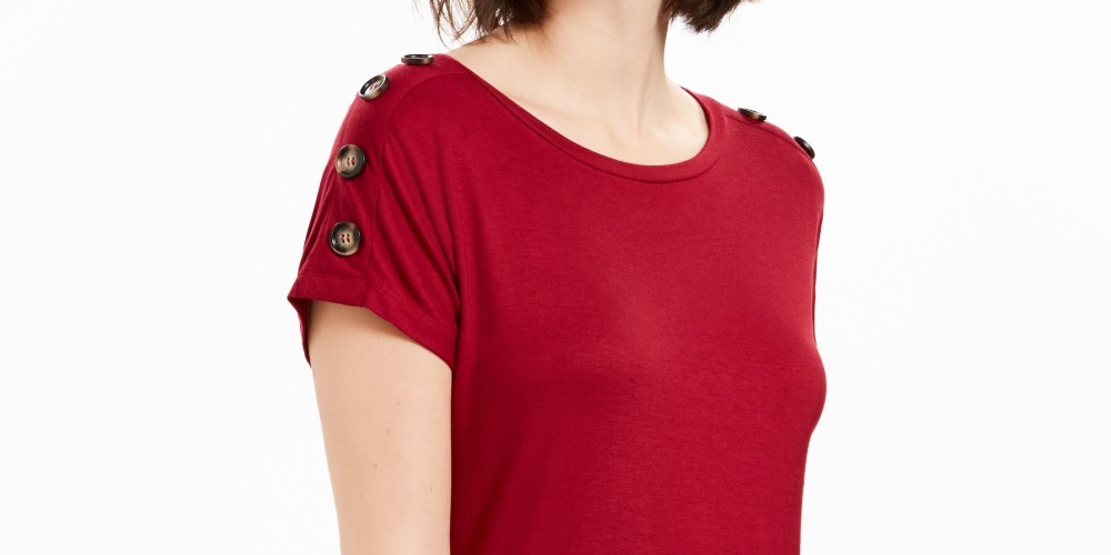 NY Collection Women's Button Sleeve Top Red Size Petite Small
