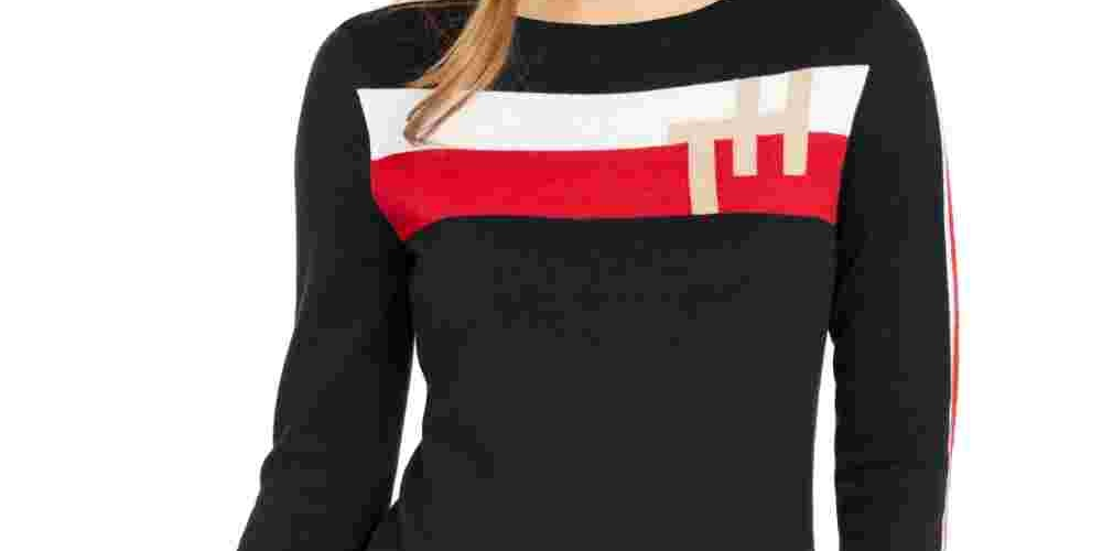 Tommy Hilfiger Women's Color Block Long Sleeve V Neck T-Shirt Sweater Black Size Large