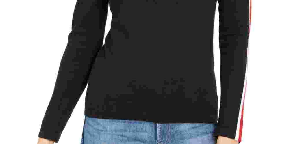 Tommy Hilfiger Women's Color Block Long Sleeve V Neck T-Shirt Sweater Black Size Large
