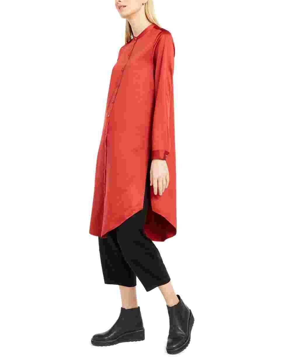 Eileen Fisher Women's Mandarin Collar Button Down Tunic Top Red Size Petite Small