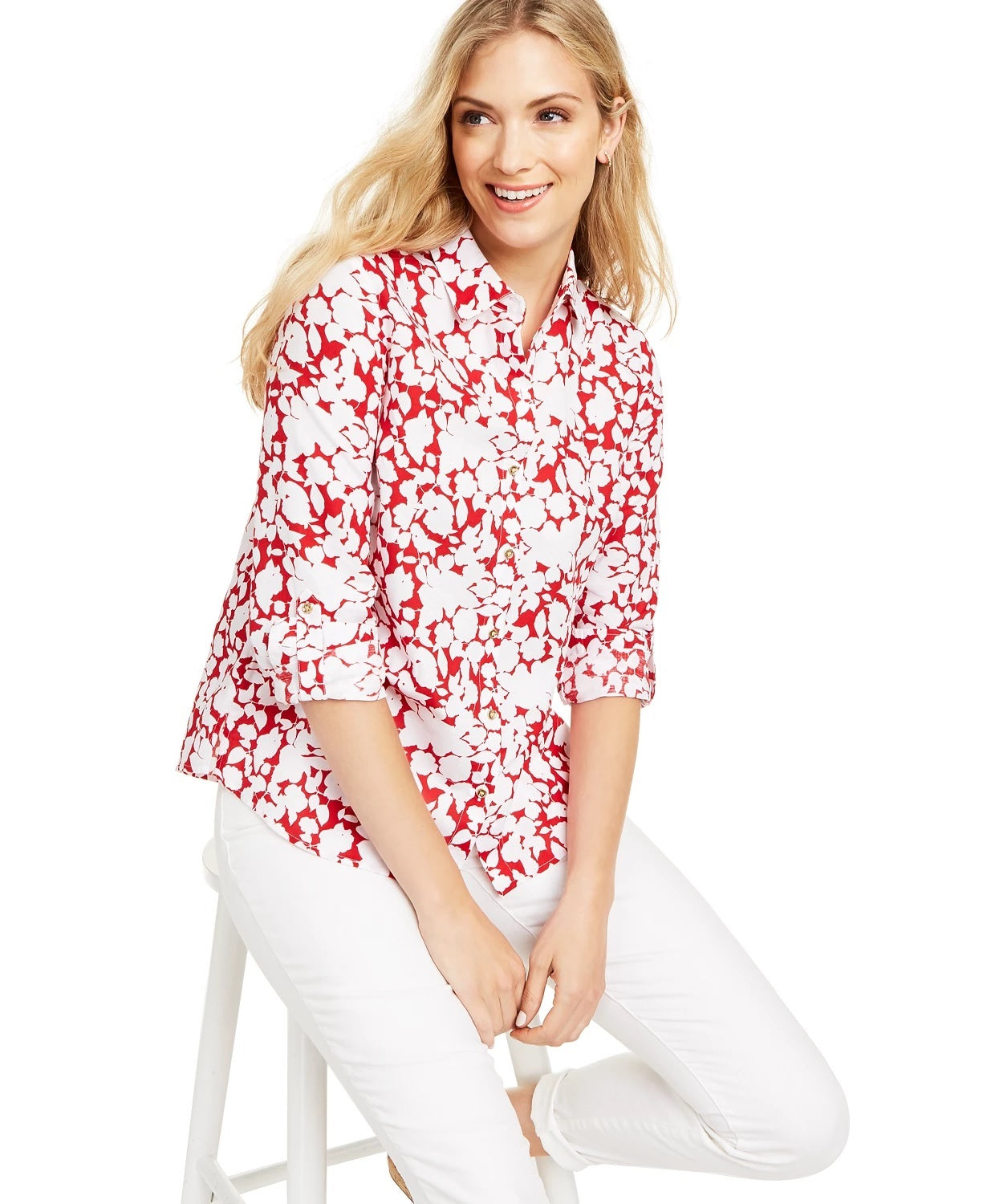 Charter Club Women's Printed Roll Sleeve Linen Blend Top Red Size Medium