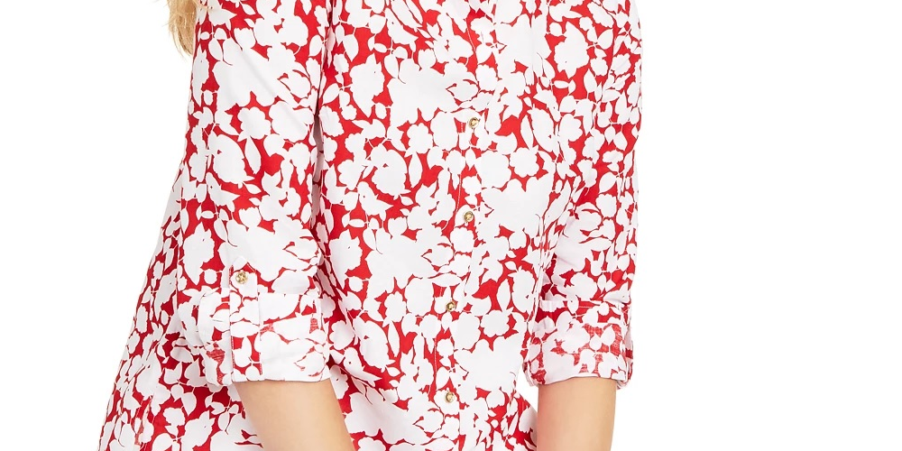Charter Club Women's Printed Roll Sleeve Linen Blend Top Red Size Medium