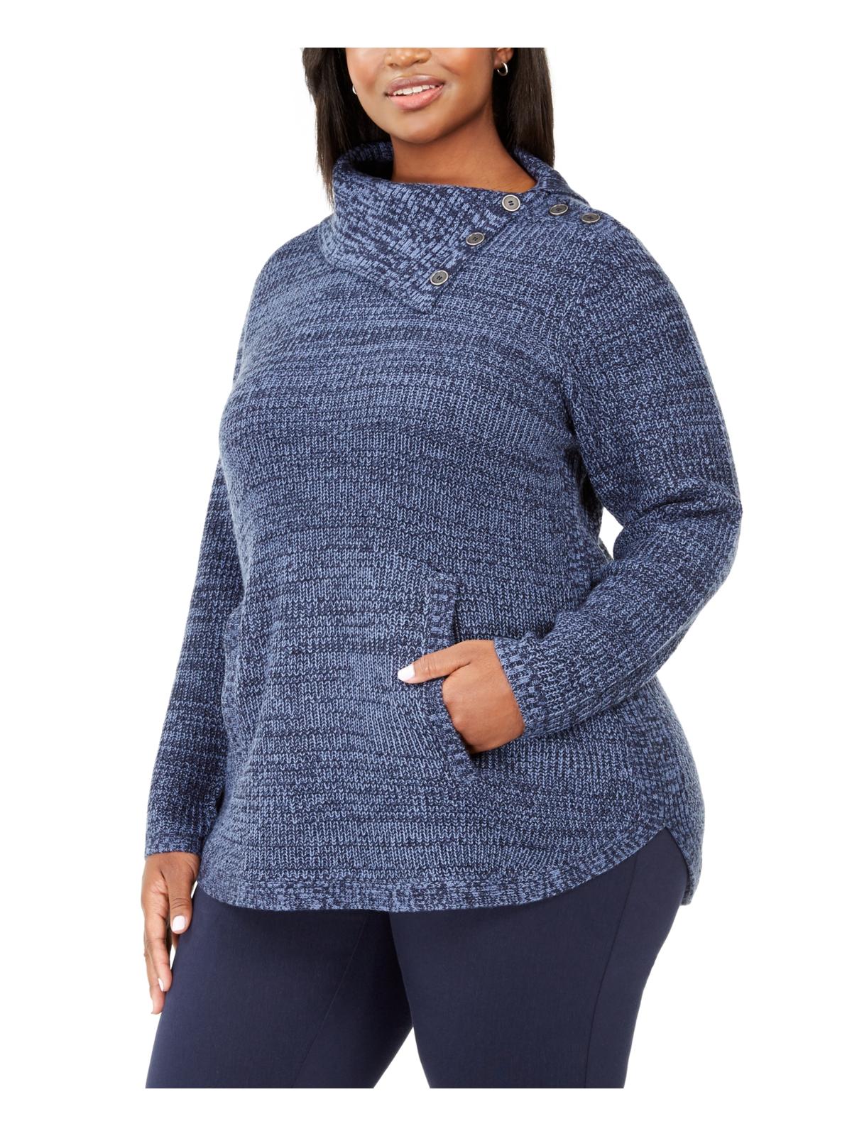Style & Co Women's Plus Kangaroo Pocket Button Trim Pullover Sweater Blue Size 0X