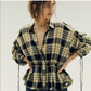 Free People Women's Snap up Front Plaid Long Sleeve Collared Top Black Size Large