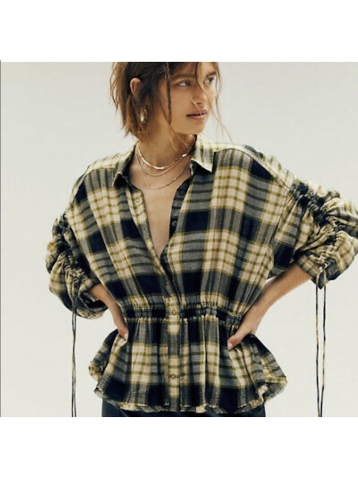 Free People Women's Snap up Front Plaid Long Sleeve Collared Top Black Size Large