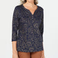 Karen Scott Women's Leaf-Print 3/4-Sleeve Top  Navy Size Petite Medium