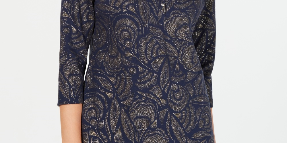 Karen Scott Women's Leaf-Print 3/4-Sleeve Top  Navy Size Petite Medium