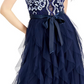 Teeze Me Women's Navy Ruffled Textured Floral Sleeveless Halter Full-Length Layered Formal Dress  Navy Size 5