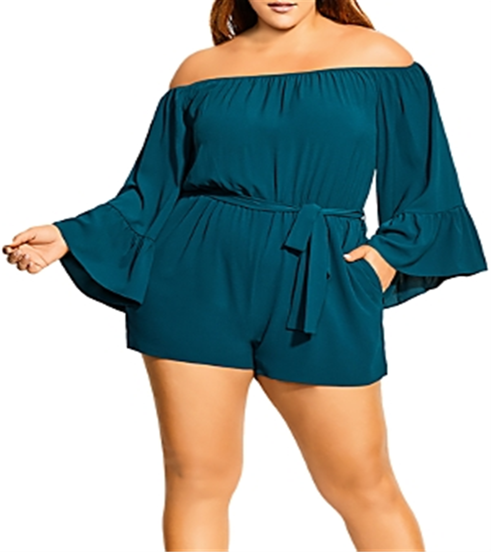 City Chic Women's Plus Off the Shoulder Bell Sleeves Romper Green Size XS