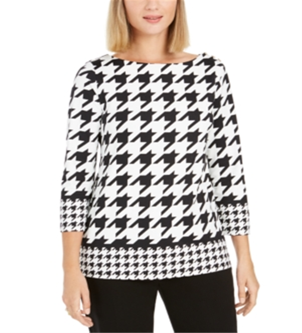 Charter Club Women's Button Shoulder Houndstooth Top Black -White Size Petite L
