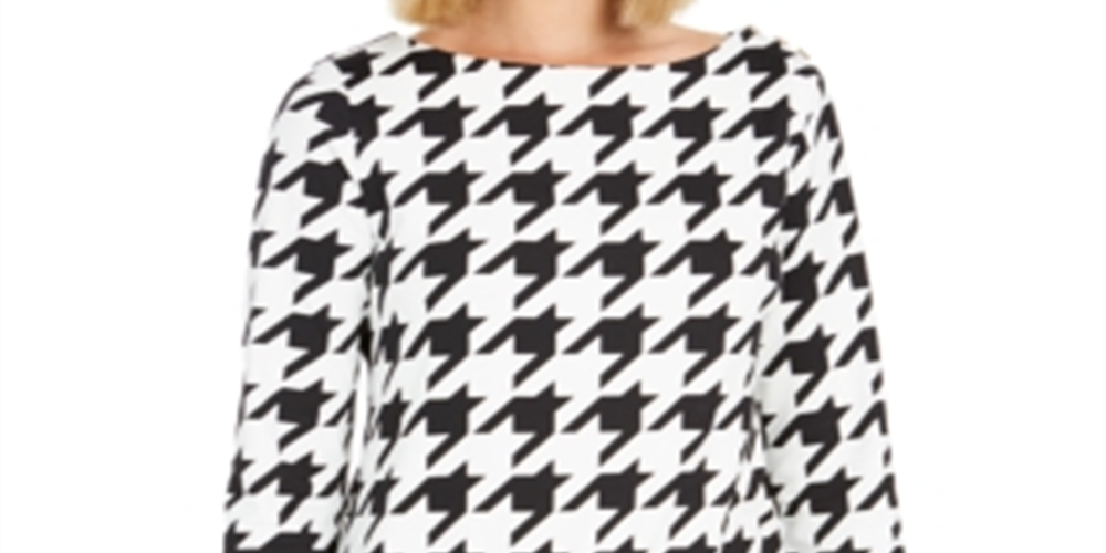 Charter Club Women's Button Shoulder Houndstooth Top Black -White Size Petite L