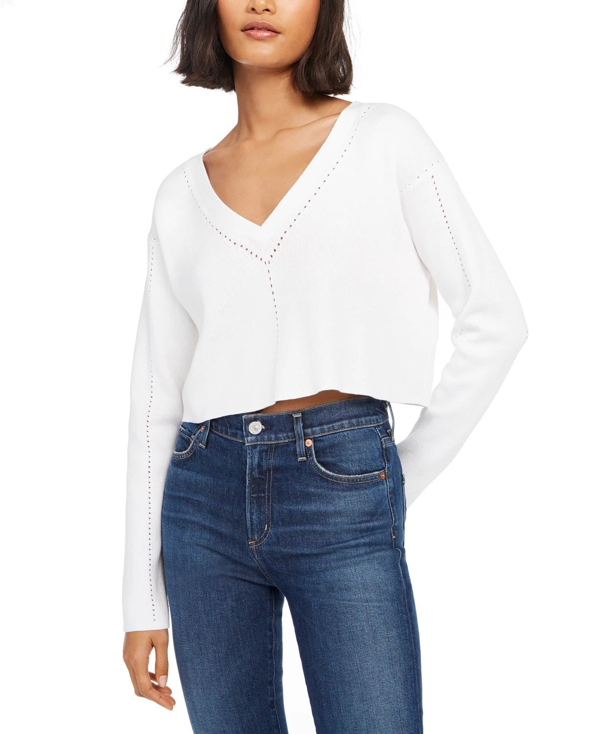 French Connection Women's Leona Pointelle Crop V-Neck Sweater White Size Large