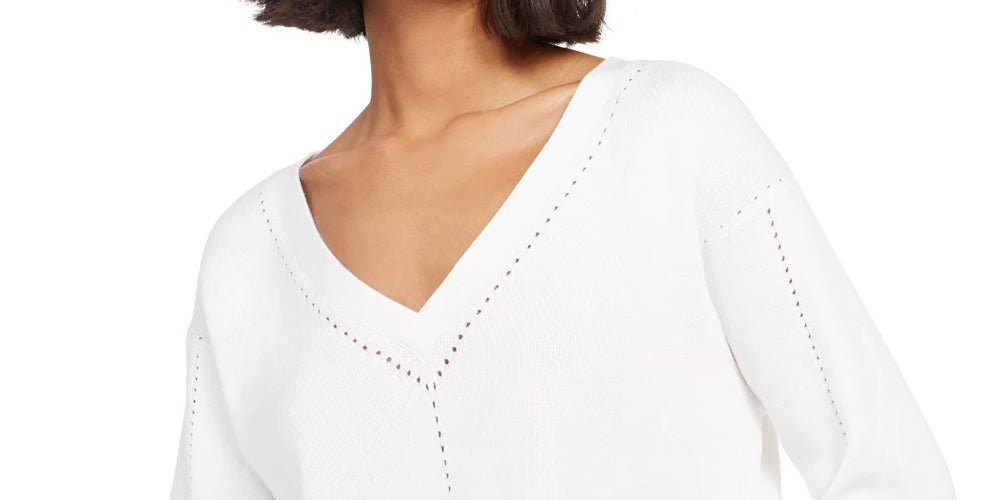 French Connection Women's Leona Pointelle Crop V-Neck Sweater White Size Large