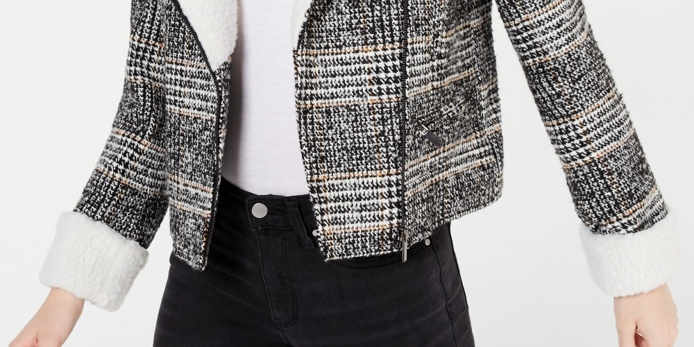 Maralyn & Me Juniors Faux-Shearling-Trim Moto Jacket Black/White/Camel Plaid Charcoal Size X-Small