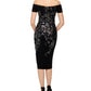 Xscape Women's Sequined Off the Shoulder MIDI Dress Black Silver Size 6 Petite