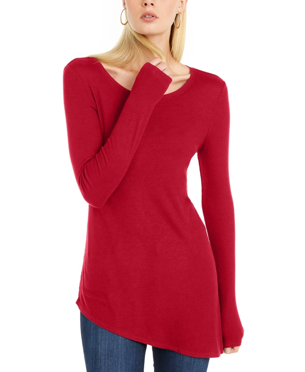 INC International Concepts Women's Asymmetrical Ribbed Tunic Dark Red Size Small