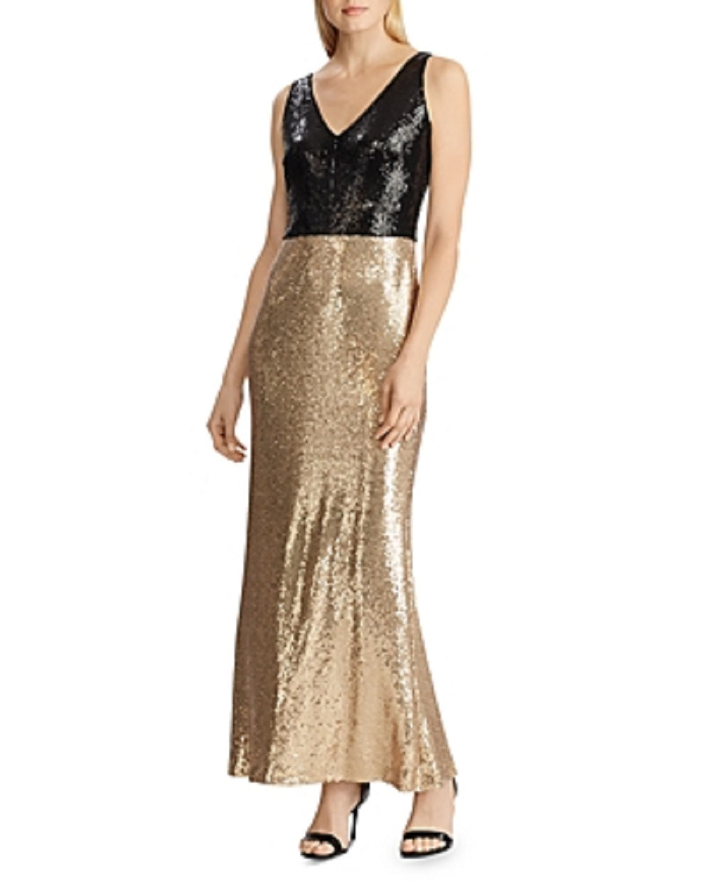 Ralph Lauren Women's Gold Sequined Color Block Sleeveless V Neck Maxi Sheath Evening Dress Gold Size 18