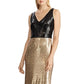 Ralph Lauren Women's Gold Sequined Color Block Sleeveless V Neck Maxi Sheath Evening Dress Gold Size 18