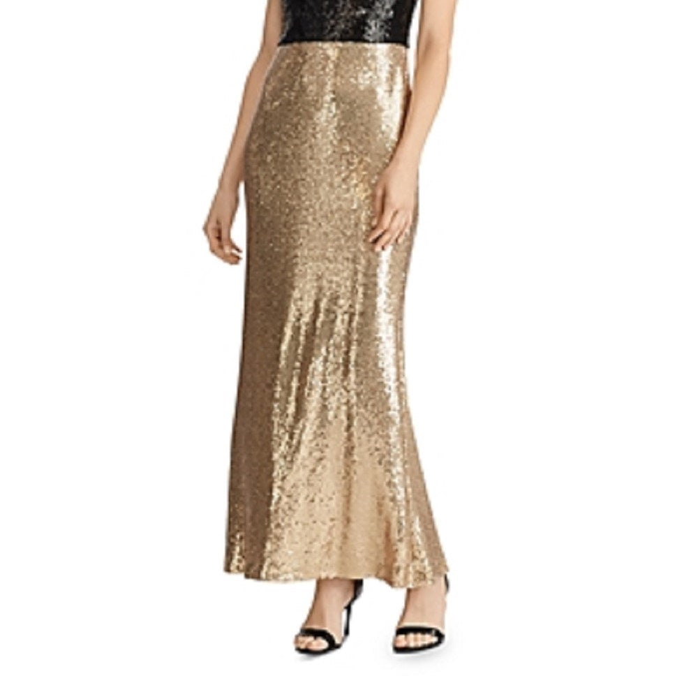 Ralph Lauren Women's Gold Sequined Color Block Sleeveless V Neck Maxi Sheath Evening Dress Gold Size 18