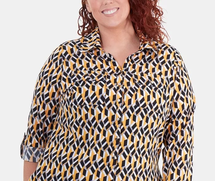 NY Collection Women's Plus Size Printed Utility Shirt Dark Yellow Size 2X