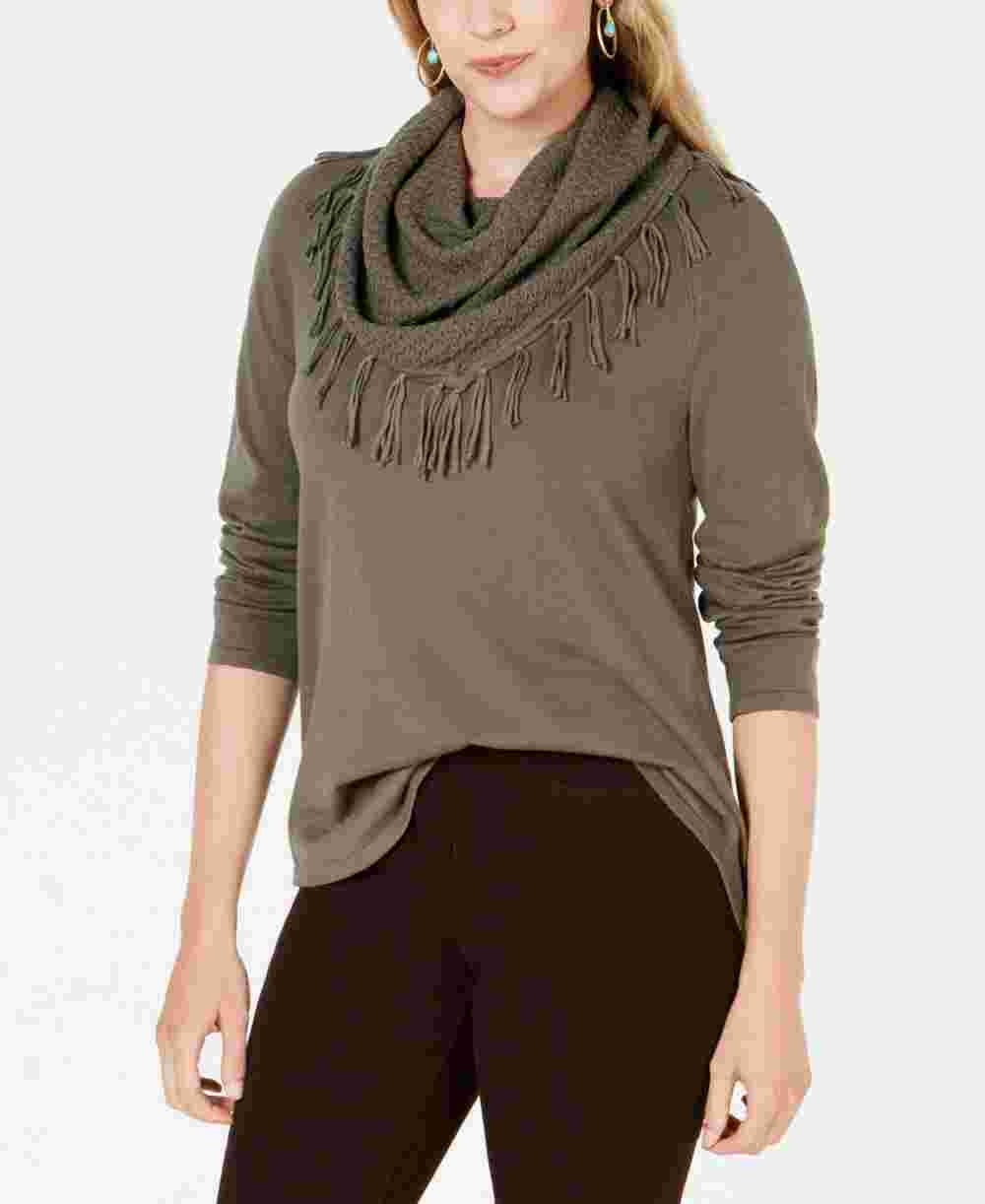Style & Co Women's Fringe-Trim Cowlneck Sweater Green Size Small