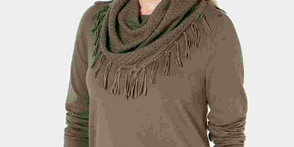 Style & Co Women's Fringe-Trim Cowlneck Sweater Green Size Small