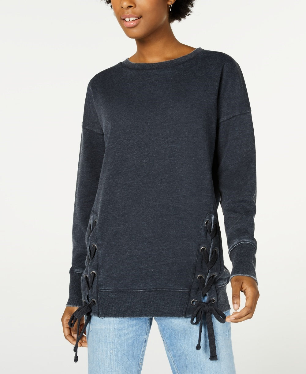 Hippie Rose Women's Lace-Up Tunic Sweatshirt Black Size Small