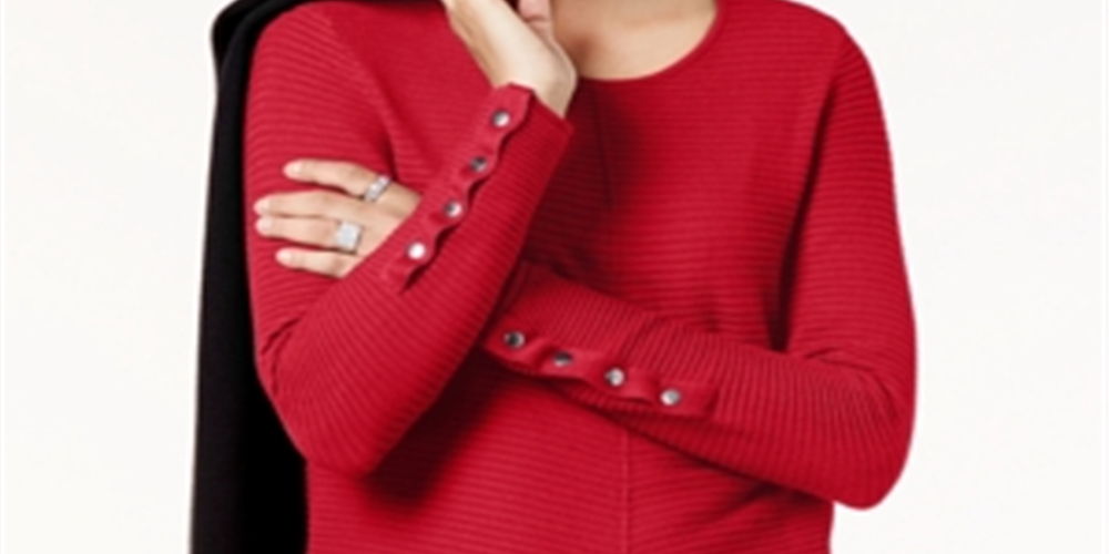 Alfani Women's Ribbed Snap Detail Sweater Red Size Petite Large