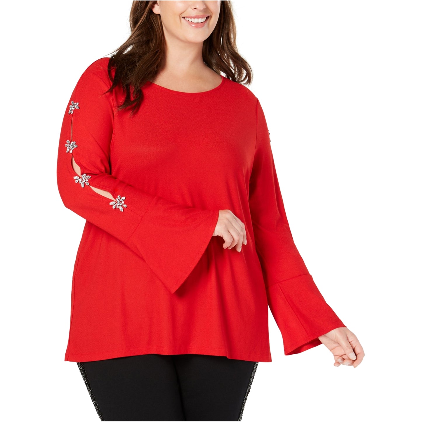 INC International Concepts Women's Embellished Sleeve Pullover Blouse Red Size 0X
