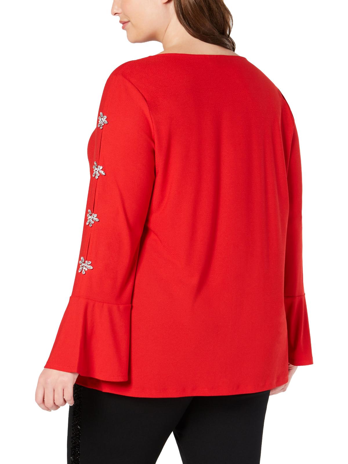INC International Concepts Women's Embellished Sleeve Pullover Blouse Red Size 0X